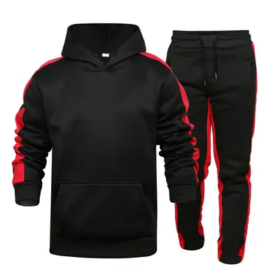 Men Black Red Hoodie Track Suit Winter Casual