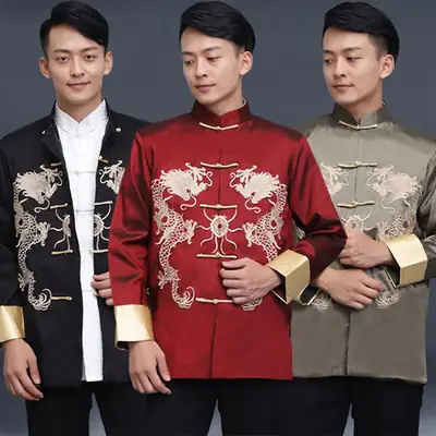 Men's Embroidered Dragon Tang Suit Red Long Sleeve