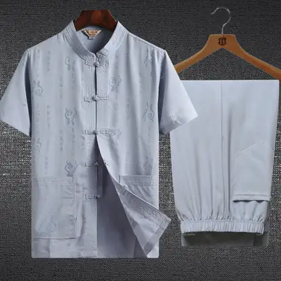 Men Linen Tang Suit Set Grey Retro Fu Character