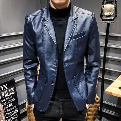 Dark Blue Slim Fit PU Leather Jacket for Men