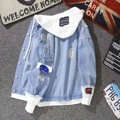 Men's Light Blue Denim Hood Jacket Loose Fit Casual Wear