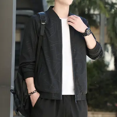 Men's Black Baseball Collar Jacket Autumn 2024