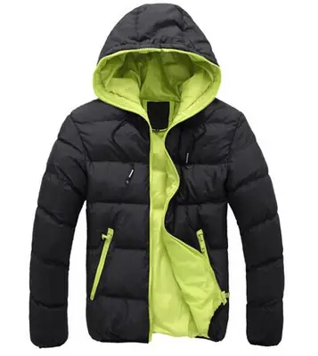Men Hooded Cotton Padded Jacket Black Lime Green
