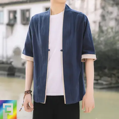 Men Blue Chinese Style Loose Half Sleeve Tang Suit Jacket