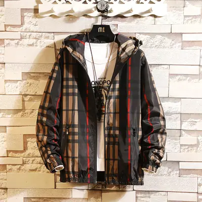 Men Plaid Hooded Jacket Spring Slim Fit Khaki