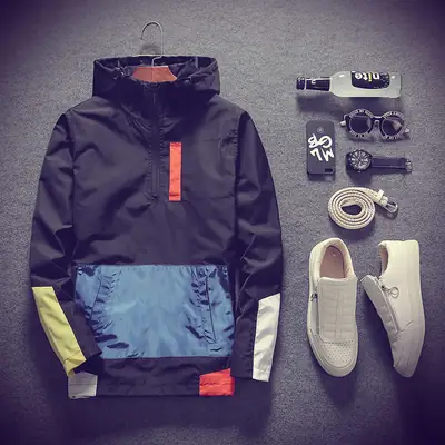 Men Hoodie Color Block Zipper Long Sleeve Autumn Spring