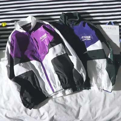 Men Women Color Block Track Jacket Purple Green White