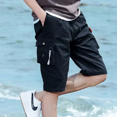 Men Black Cargo Shorts Summer Loose Fit Cotton Multi Pocket