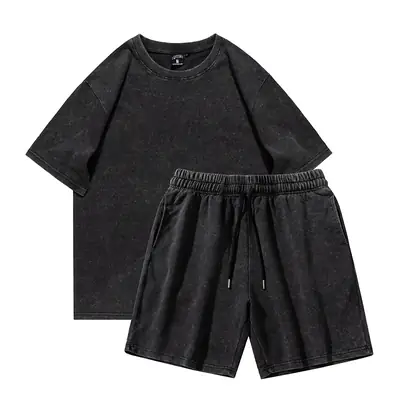 Men Loose Cotton Shorts Set Black Summer