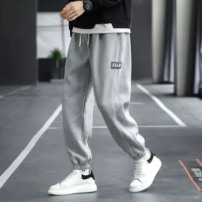 Men Fleece Sweatpants Black Ankle Tied Winter Warm