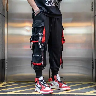 Men Loose Cargo Pants Black Red Multi-Pocket Winter