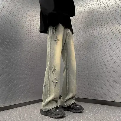 Men Grey Wide Leg Jeans with Cross Embroidery Summer