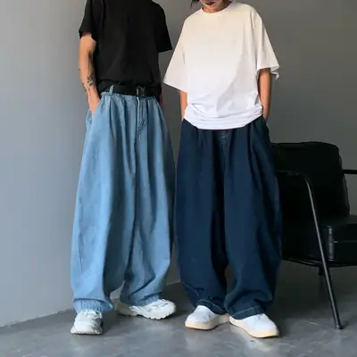 Men Loose Wide-leg Denim Trousers Light Blue