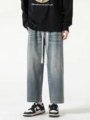 Men's Vintage Blue Loose Fit Jeans Autumn