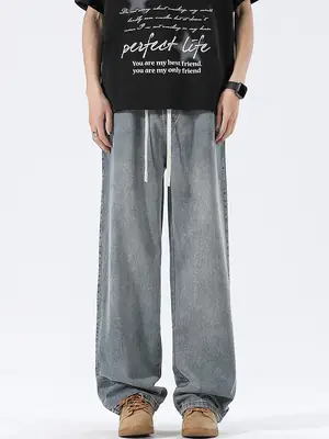 Wide Leg Jeans for Men Blue Denim Spring Autumn Wear