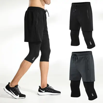 Men's Fake Two-Piece Stretch Running Shorts Gray