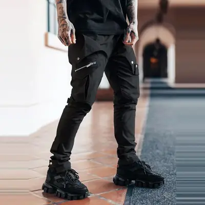 Men Black Multi-Pocket Casual Pants Plus Size