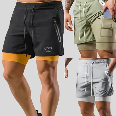 Men Double Layer Sports Shorts M-Green Sweat-Wicking