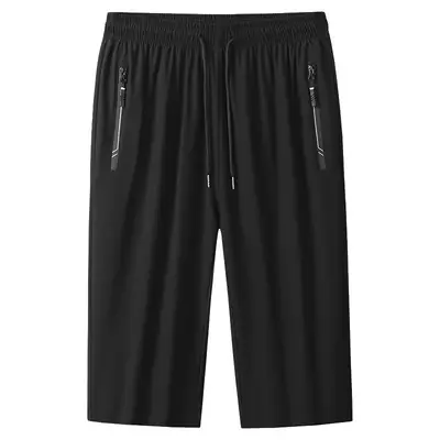 Men Black Ice Silk Cropped Pants Summer Loose Fit