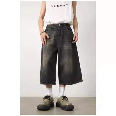 Men Denim Cropped Shorts S-Old Blue Trendy Modern