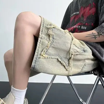 Men Washed Denim Shorts Loose Star Cut Summer