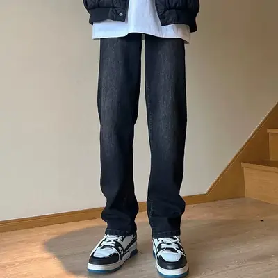 Men Black Elastic Straight Fit Jeans Autumn