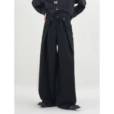 Men Black Wide Leg Casual Pants with Metal Buckle