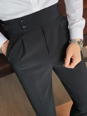 Men's High Waist Slim Fit Business Pants Black Autumn