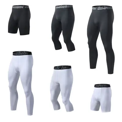 Men Compression Sports Pants White Black Cropped Training