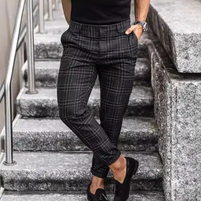 Men Plaid Casual Pants Black Summer Stylish