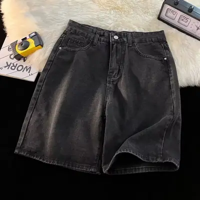 Men Black Gray Denim Shorts Loose Summer Casual