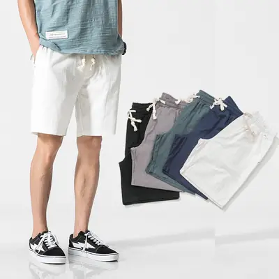 Men Cotton Linen Shorts Loose White Beach Style