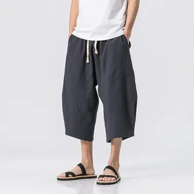 Men Loose Cotton Linen Pants Grey Summer Casual