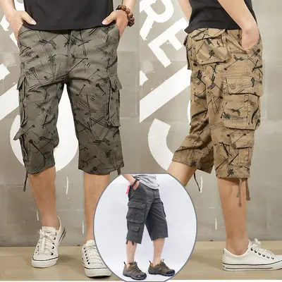 Men Cotton Khaki Capri Pants Loose Summer Work