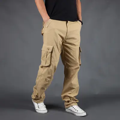 Men Khaki Cargo Pants Loose Fit Cotton Plus Size