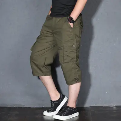 Men Khaki Multi Pocket Cropped Shorts Plus Size Summer