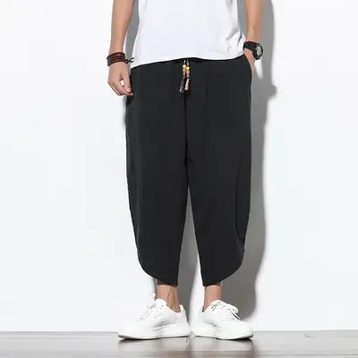 Men Loose Wide Leg Cropped Pants Black Summer Casual