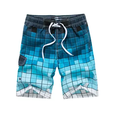 Men Plaid Quick-Dry Beach Shorts Blue Gradient Loose Fit