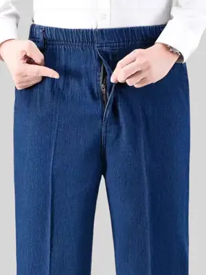 Men Elastic Waist Dark Blue Jeans Spring Autumn XL