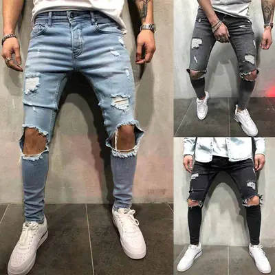 Men Ripped Slim Fit Jeans Light Blue New