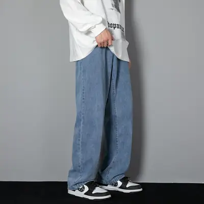 Men Loose Washed Blue Jeans Summer Korean Style