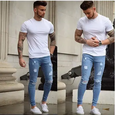 Men Slim Fit Ripped Denim Jeans White