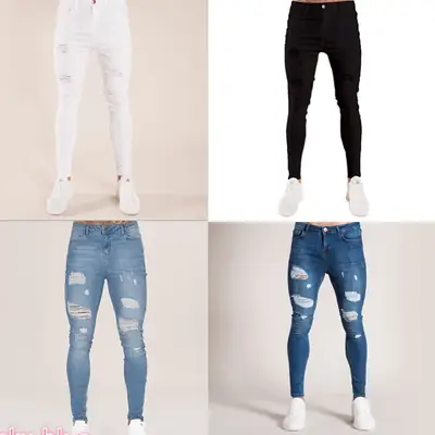Men Ripped Slim Fit High Waist Jeans White Black Blue Autumn