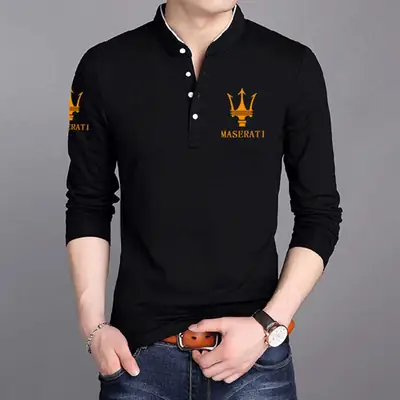 Men Long Sleeve Stand Collar Cotton Printed T-Shirt Large