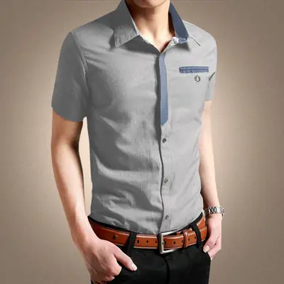Men Slim Fit Cotton Short Sleeve Shirt Gray