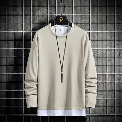 Men Pure Cotton Long Sleeve T-Shirt White Round Neck
