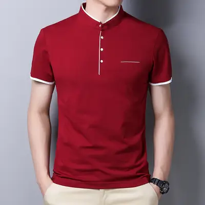 Men Red Collar Short Sleeve Cotton T-Shirt Summer Casual