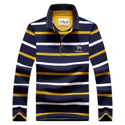 Men Striped Long Sleeve Polo Shirt Cotton Autumn Navy Yellow White