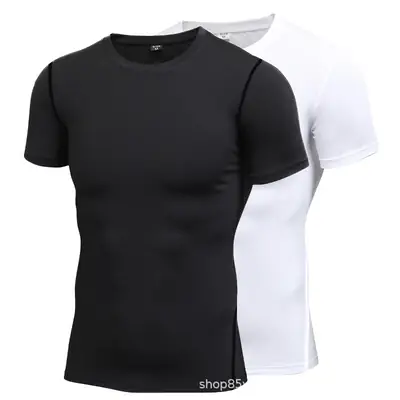 Men's Black White Compression Sports T-Shirt Short Sleeve Quick Dry