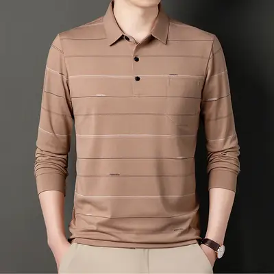 Men Striped Long Sleeve Polo Shirt Grey Autumn